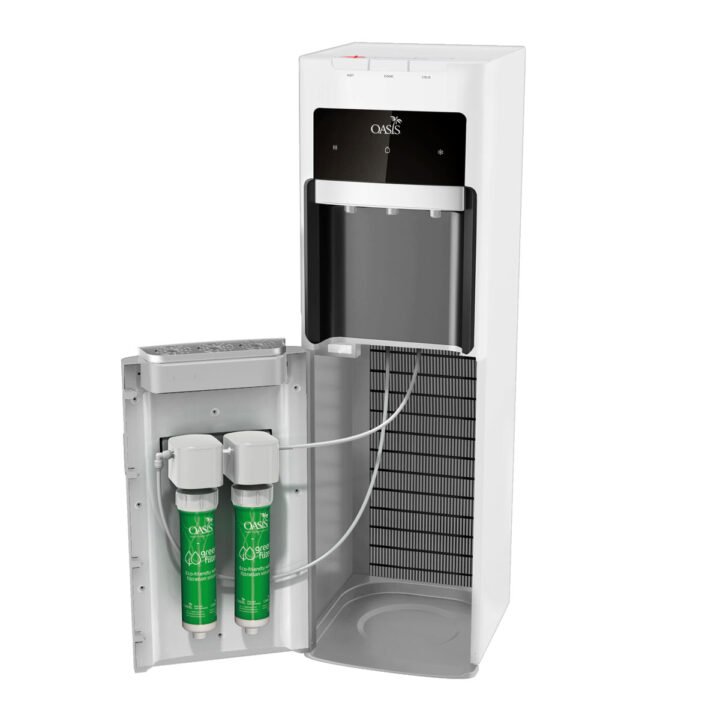 Oasis modernus baltas ir metalinis vandens aparatas nuo vandentiekio, modelis Mirage 2, filtrų integracija
