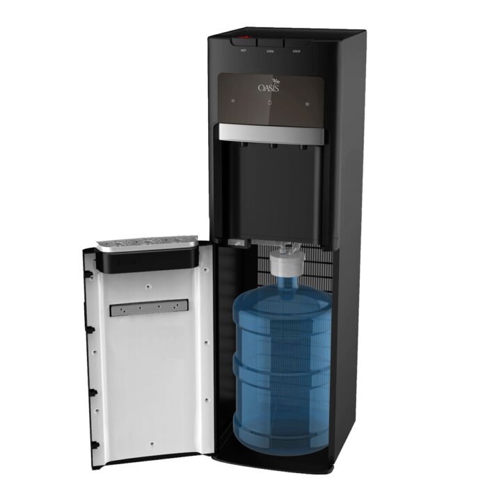 Oasis modernus juodas ir metalinis vandens aparatas nuo vandentiekio, modelis Mirage 2, 19l butelio integracija